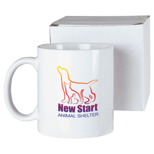 White ceramic mug with dog image sublimated on it.