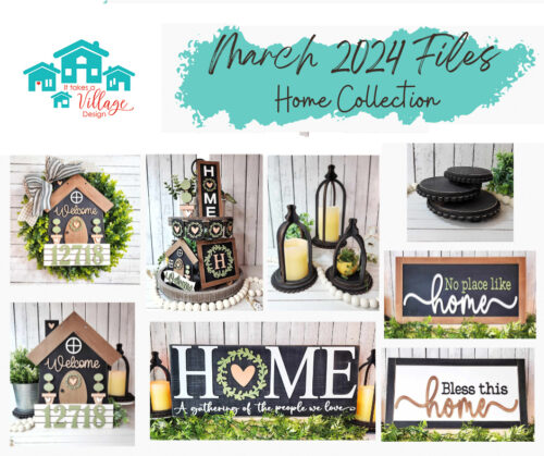 March 2024 Files Home Collection Picture of the tier tray, three candle holders, "home a gathering of the people we love" Sign. Welcome wreath, three charger tray, "No place like home" Sign, "Bless this home" Sign.