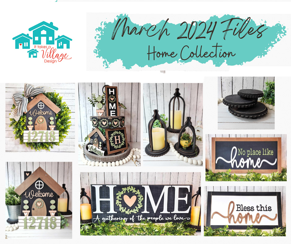 March 2024 Files Home Collection Picture of the tier tray, three candle holders, "home a gathering of the people we love" Sign. Welcome wreath, three charger tray, "No place like home" Sign, "Bless this home" Sign.