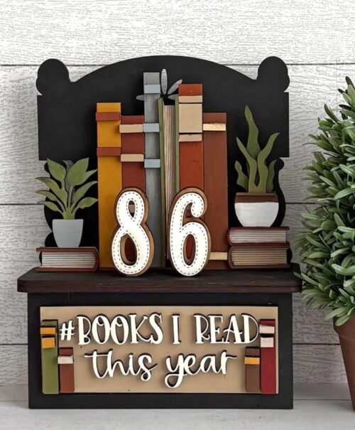 Book counter bench for tracking reading goals, wooden bookshelf decor with interchangeable numbers and “Books I Read This Year” text.