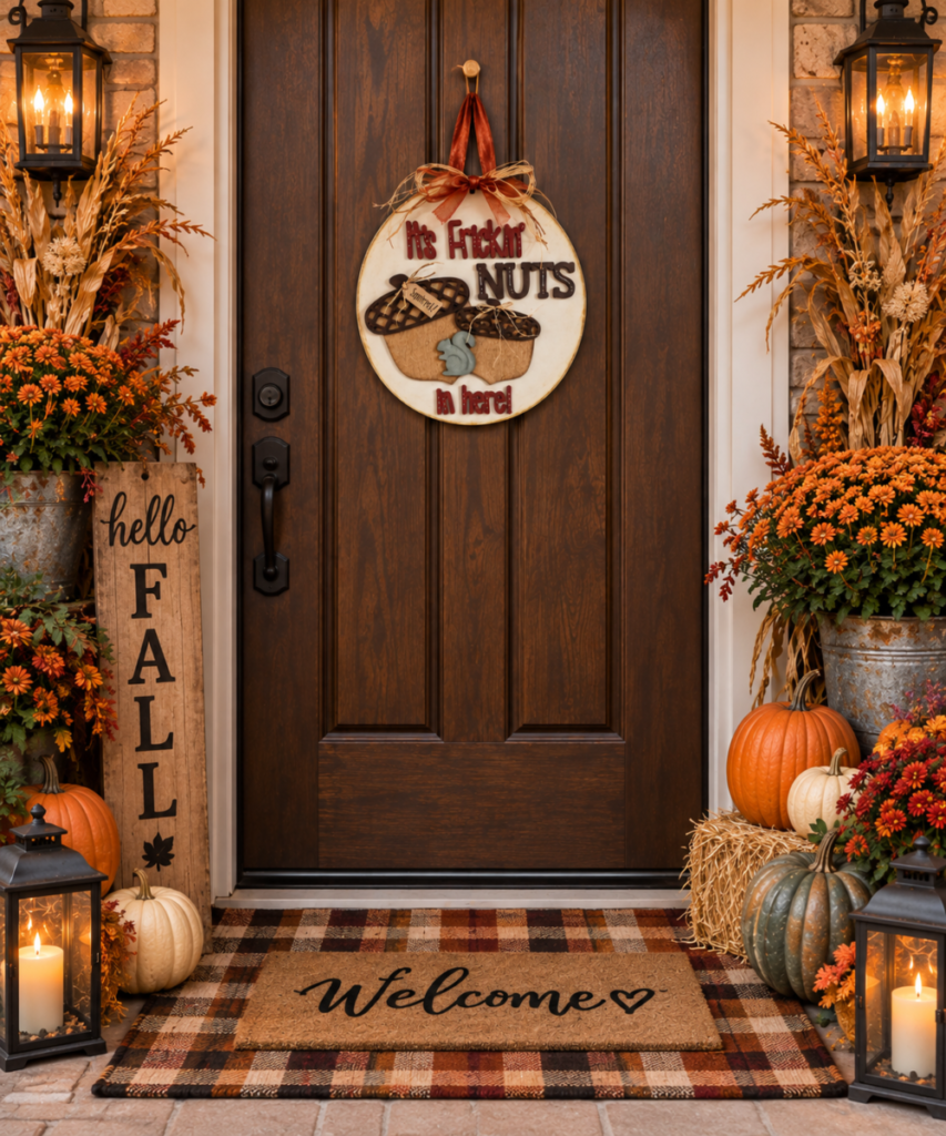 Autumn porch with a door hanger on the door